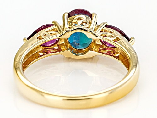 1.23ct Lab Created Alexandrite & .86ctw Raspberry Color Rhodolite 18k Gold Over Silver 3-Stone Ring - Size 8