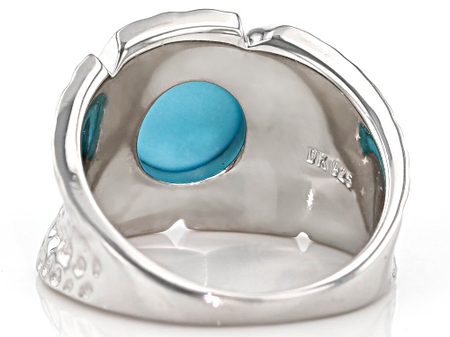 9mm Round Sleeping Beauty Turquoise Solitaire Rhodium Over Sterling Silver Hammered Finish Ring - Size 7