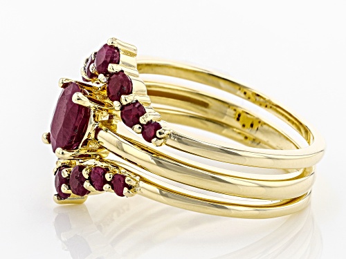1.62CTW OVAL AND ROUND BURMESE RUBY 18K YELLOW GOLD OVER STERLING SILVER SET OF 3 STACKABLE RINGS - Size 7