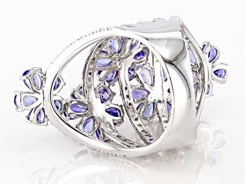 3.09ctw Pear Shape Tanzanite with .25ctw Round White Zircon Rhodium Over Sterling Silver Ring - Size 7