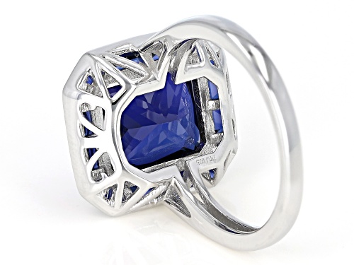 7.33CTW RECTANGULAR OCTAGONAL/BAGUETTE LAB CREATED BLUE SAPPHIRE RHODIUM OVER SILVER RING - Size 7