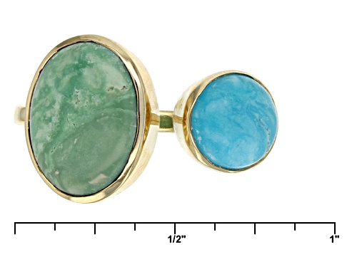 Round Blue And Oval Green Kingman Turquoise 18k Gold Over Silver Ring - Size 8