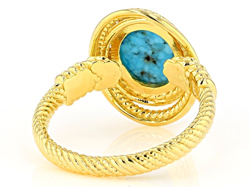 Tehya Oyama Turquoise™ 8x10mm Oval Kingman Turquoise Solitaire 18k Gold Over Silver Textured Ring - Size 7