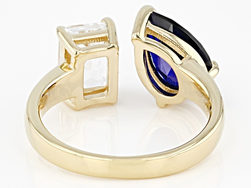 2.00ct Pear Shape Lab Blue Sapphire & 2.00ct Lab White Sapphire 18k Yellow Gold Over Silver Ring - Size 6