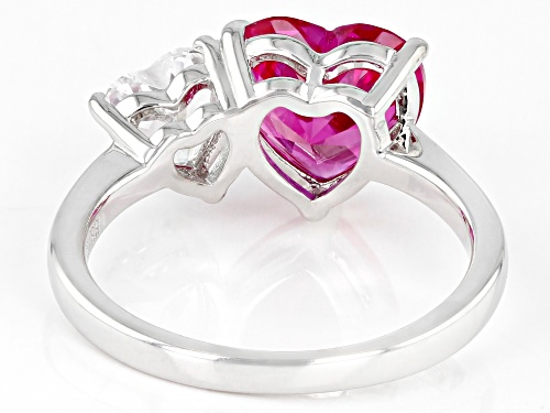 3.35ct Heart Lab Created Pink & 0.95ctw Lab White Sapphire Rhodium Over Sterling Silver 2-Stone Ring - Size 9