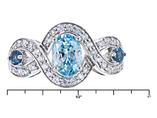 1.00ct Oval Blue Zircon, .13ctw Round London Blue Topaz And .37ctw White Zircon Sterling Silver Ring - Size 8