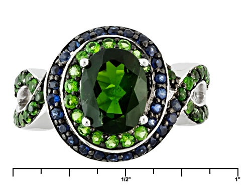 2.28ctw Oval And Round Russian Chrome Diopside With .42ctw Round Blue Sapphire Sterling Silver Ring - Size 11