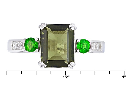 1.45ct Emerald Cut Moldavite, .18ctw Chrome Diopside, And   .10ctw White Zircon Sterling Silver Ring - Size 12