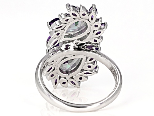 2.55ctw Pear Shape Mystic Fire(R) Green Topaz, 1.22ctw Amethyst Rhodium Over Silver Bypass Ring - Size 7