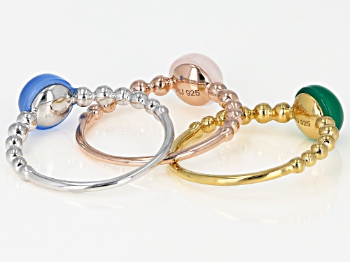 7mm Round Chalcedony, Rose Quartz & Green Onyx Rhodium, 18k Rose & Yellow Gold Stackable 3 Ring Set - Size 8