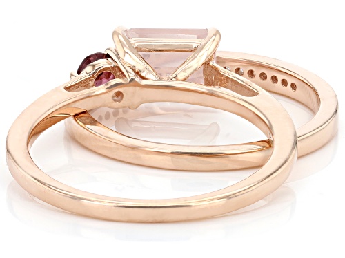 7x5mm Rose Quartz, 0.22ctw Rhodolite & White Zircon 18k Rose Gold Over Sterling Silver Ring Set - Size 9