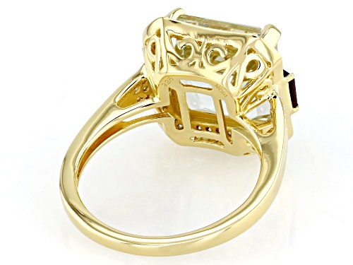 5.31ct Prasiolite, 0.29ctw Rhodolite, 0.30ctw White Zircon 18k Yellow Gold Over Sterling Silver Ring - Size 10