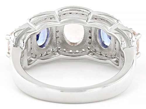 0.87ctw Morganite, 0.76ctw Tanzanite, 0.56ctw White Zircon Rhodium Over Sterling Silver Ring - Size 9