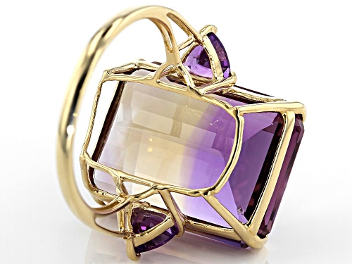 20.39ct Emerald Cut Ametrine With .68ctw Trillion African Amethyst 14k Yellow Gold Ring - Size 7