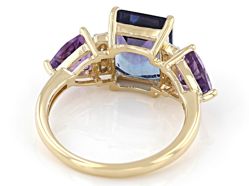 3.59ct Bi-Color Fluorite With 1.19ctw Amethyst & 0.11ctw White Diamond 14k Yellow Gold Ring - Size 9
