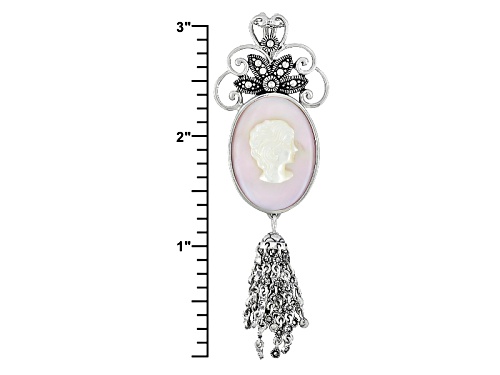 Oval Pink Shell With 14x10mm White Mother-Of-Pearl Cameo And Round Marcasite Silver Pendant W/Chain