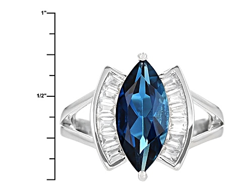 3.15ct Marquise London Blue Topaz With .89ctw Tapered Baguette White Zircon Sterling Silver Ring - Size 8