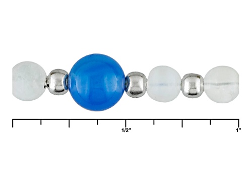 6mm Blue Chalcedony Bead With 4mm Round Rainbow Moonstone Bead Rhodium Over Silver Strand Necklace - Size 34