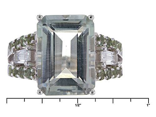 5.99ct Prasiolite with .58ctw Green Sapphire & .42ctw White Zircon Rhodium Over Sterling Silver Ring - Size 12