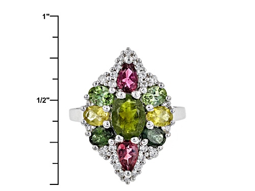 2.37ctw Green, Pink, Yellow And Blue Tourmaline With .32ctw Round White Zircon Sterling Silver Ring - Size 12