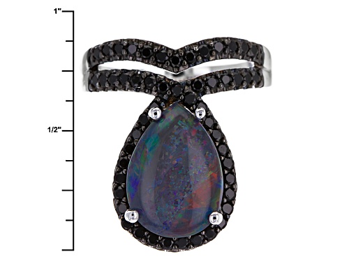 14x10mm Pear Shape Cabochon Australian Opal Triplet With .95ctw Black Spinel Sterling Silver Ring - Size 5