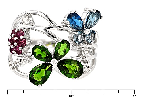 2.16ctw London Blue Topaz, Russian Chrome Diopside, Raspberry Rhodolite And White Zircon Silver Ring - Size 6