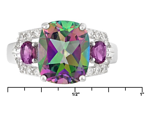 4.40ct Multi-Color Green Topaz With .35ctw Raspberry Rhodolite And .27ctw White Zircon Silver Ring - Size 7
