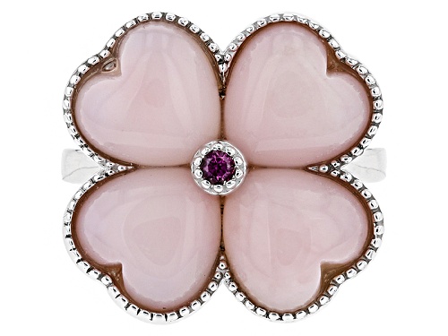 9mm Heart Shape Peruvian Pink Opal & .04ct Round Raspberry Rhodolite Sterling Silver Flower Ring - Size 6