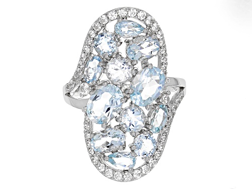 4.06ctw Mix Shape Brazilian Aquamarine With .71ctw Round White Zircon Sterling Silver Cluster Ring - Size 6