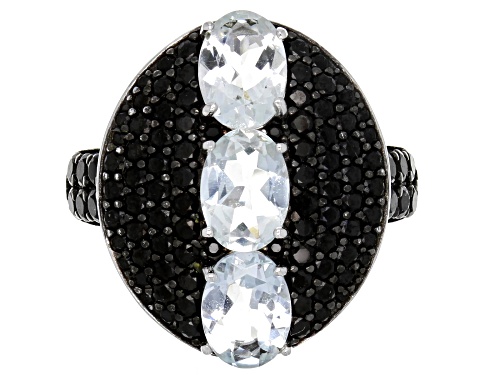 1.79ctw Oval Brazilian Aquamarine With 1.31ctw Round Black Spinel Sterling Silver 3-stone Ring - Size 6