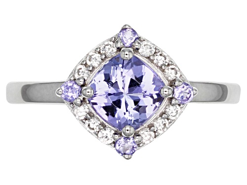 1.12CTW SQUARE CUSHION AND ROUND TANZANITE WITH .20CTW WHITE ZIRCON RHODIUM OVER SILVER RING - Size 8
