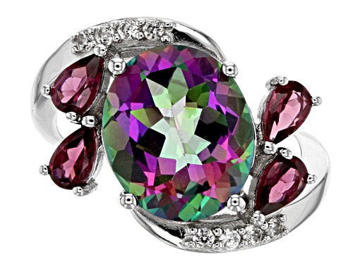 4.50ct Green Mystic Topaz® With 1.08ctw Rhodolite And White Zircon Rhodium Over Silver Ring - Size 8