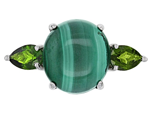 12x10mm Oval Malachite With .92ctw Pear Shape Russian Chrome Diopside Rhodium Over Silver Ring - Size 7