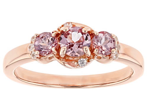 .76ctw round color shift garnet & .07ctw round white zircon 18k rose gold over silver 3-stone ring - Size 11