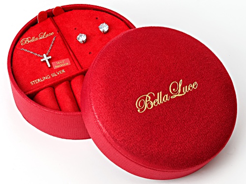 Bella Luce® 1.33ctw White Diamond Simulant Rhodium Over Silver Cross Pendant and Stud Boxed Set