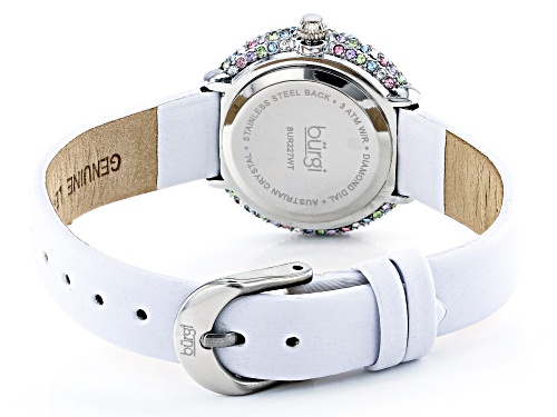 Burgi™ Diamond Accents & Crystals  White Satin Over Leather Band Watch