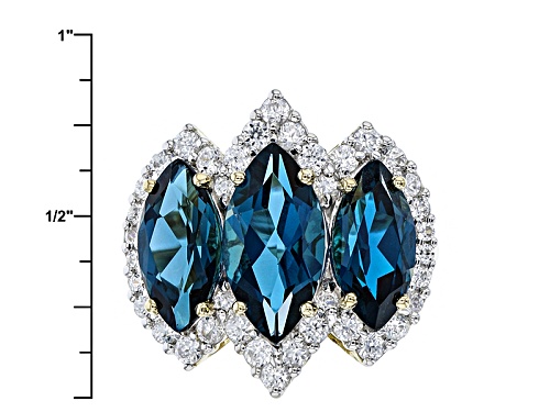 6.65ctw Marquise London Blue Topaz And 1.58ctw Round White Zircon 14k Yellow Gold 3-Stone Ring - Size 8