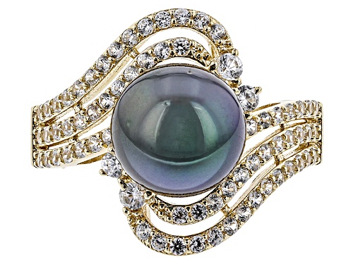 9.5-10mm Cultured Tahitian Pearl With .83ctw White Zircon 14k Yellow Gold Ring - Size 8
