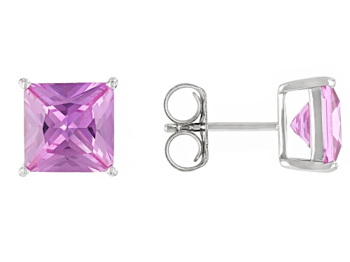 12.10ctw Lab Pink Sapphire, Lab White Sapphire, Lab Blue Sapphire Rhodium Over Silver Earrings Set