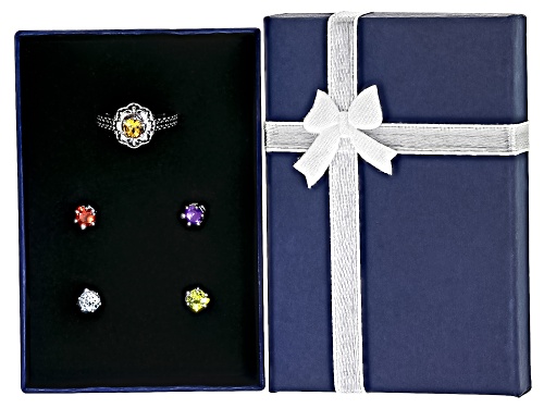 2.33ctw Round Multi Gem Rhodium Over Sterling Silver Interchangeable Ring with Box - Size 9