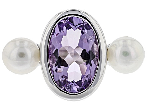 5.5-6mm Cultured Freshwater Pearl & Pink Amethyst Rhodium Over Sterling Silver Ring - Size 12