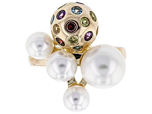 6-10mm Cultured Freshwater Pearl & Multigem 18k Yellow Gold Over Silver Ring - Size 11