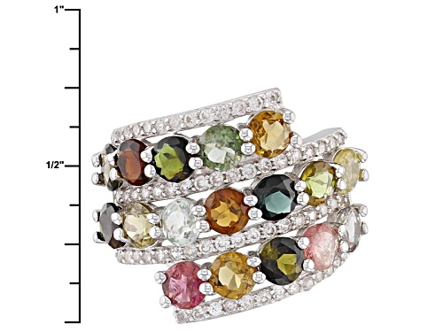 4.08ctw Round Multicolor Tourmaline W/ .86ctw Round White Zircon Sterling Silver Cluster Ring - Size 5