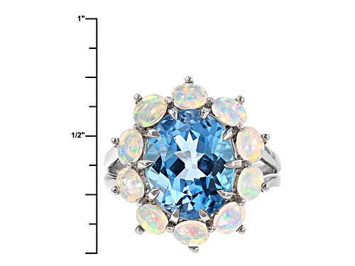 5.84ct Oval Swiss Blue Topaz And 1.09ctw Oval Cabochon Ethiopian Opal Sterling Silver Ring - Size 5