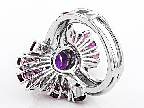 1.45ct African Amethyst With 4.13ctw Rhodolite And White Zircon Rhodium Over Silver Ring W/ Guard - Size 7
