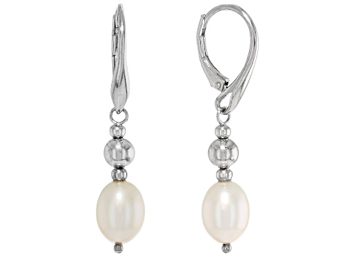 7mm White Cultured Freshwater Pearl Rhodium Over Sterling Silver Necklace, Bracelet, And Earring Set