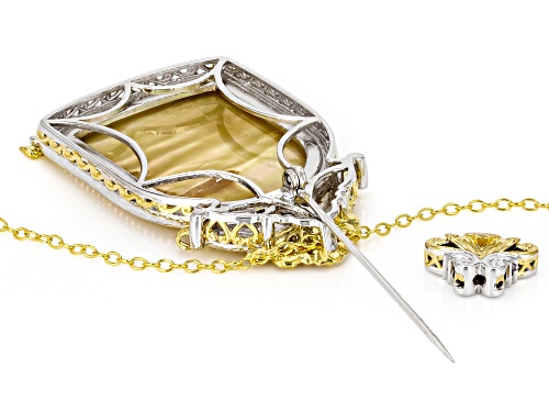 30x24mm Mother-of-Pearl, .27ct Garnet Rhodium/24k Gold Over Palladium Silver Brooch/Pendant W/Chain