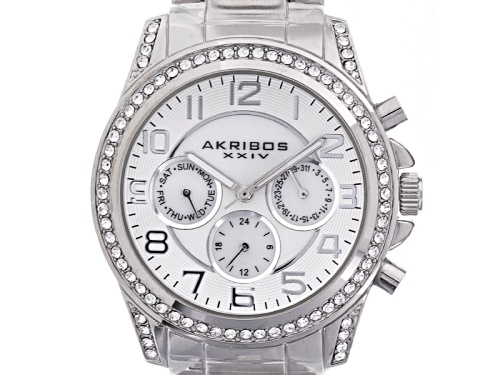 Akribos Ladies White Crystal Silver Tone Watch Set Of 2