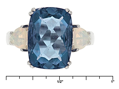 7.50ct Cushion Color Change Blue Fluorite And .45ctw Trillion Ethiopian Opal Sterling Silver Ring - Size 12