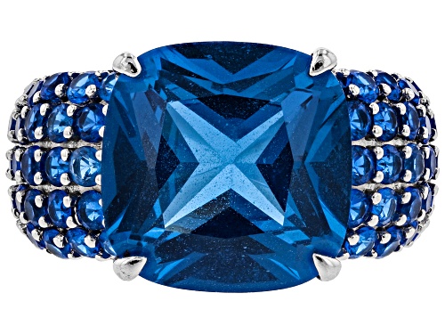 8.01ctw Square Cushion And Round Lab Created Blue Spinel Rhodium Over Sterling Silver Ring. - Size 9
